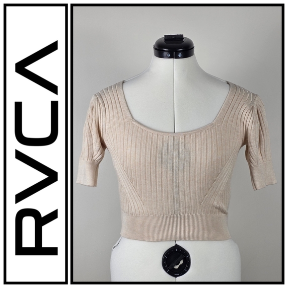 RVCA Tops - RVCA Beige Ribbed Knit Short Sleeve Cropped Sweater Top Women’s Size S